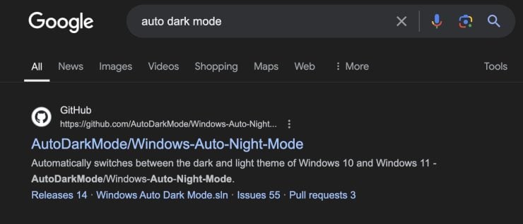 Searching For &Quot;Auto Dark Mode&Quot; And Opening The Github Result