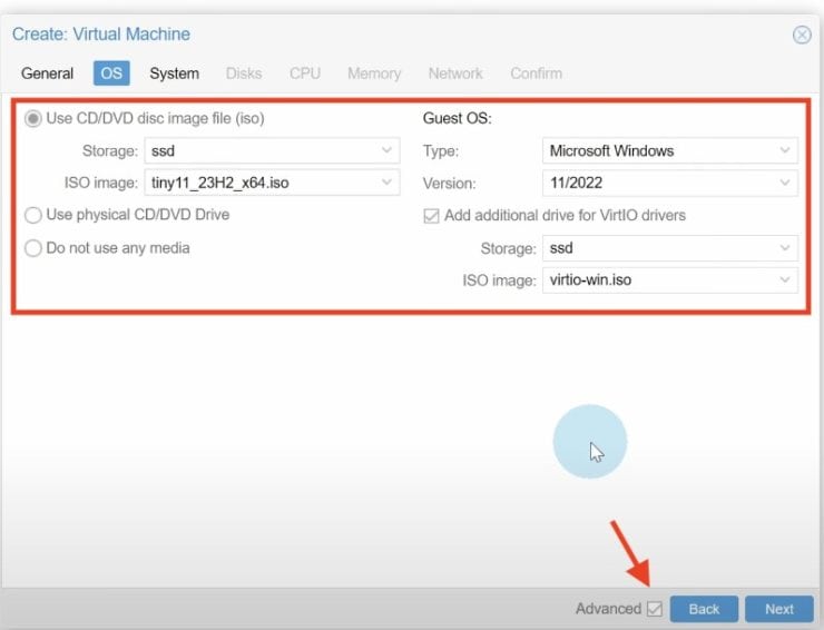 Configuring The Os Tab By Selecting The Correct Iso Locations And Files And Enabling &Quot;Advanced Options&Quot;