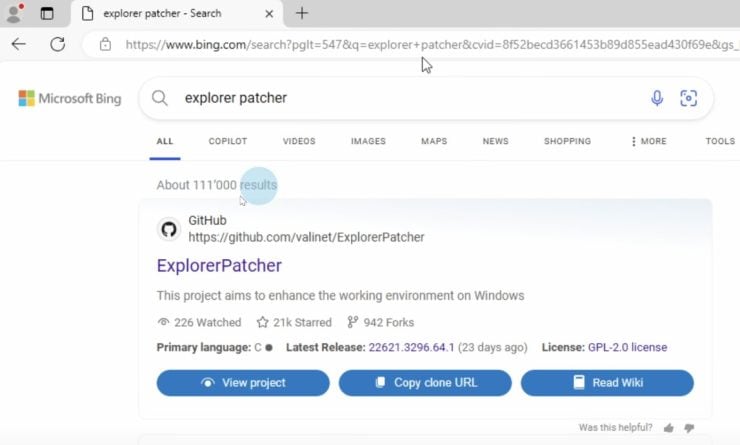 Searching For &Quot;Explorer Patcher&Quot; In The Search Engine