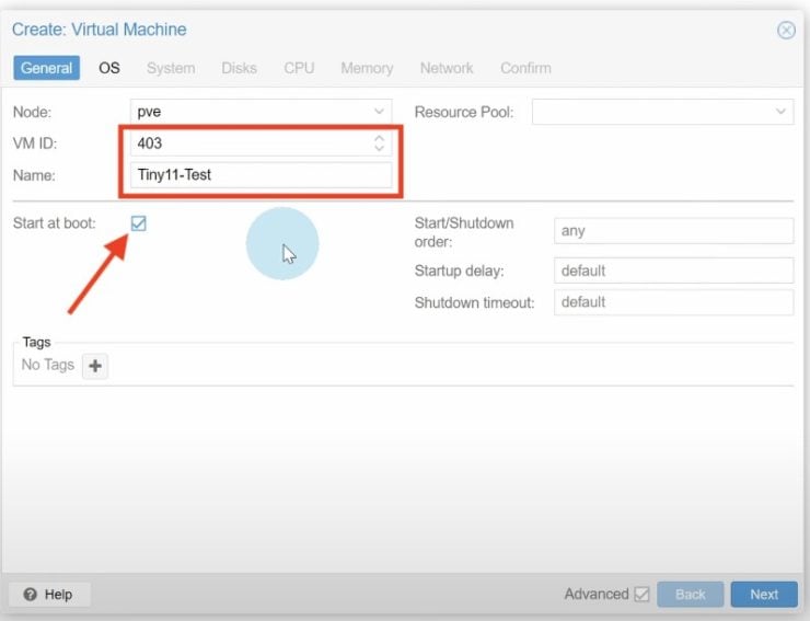 Giving The Virtual Machine A Name, Selecting &Quot;Start At Boot,&Quot; And Selecting A Vm Id Before Installation